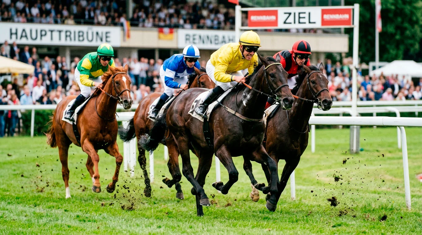 Galopprennen auf einer Flachbahn mit Jockeys in bunten Silks im Zieleinlauf