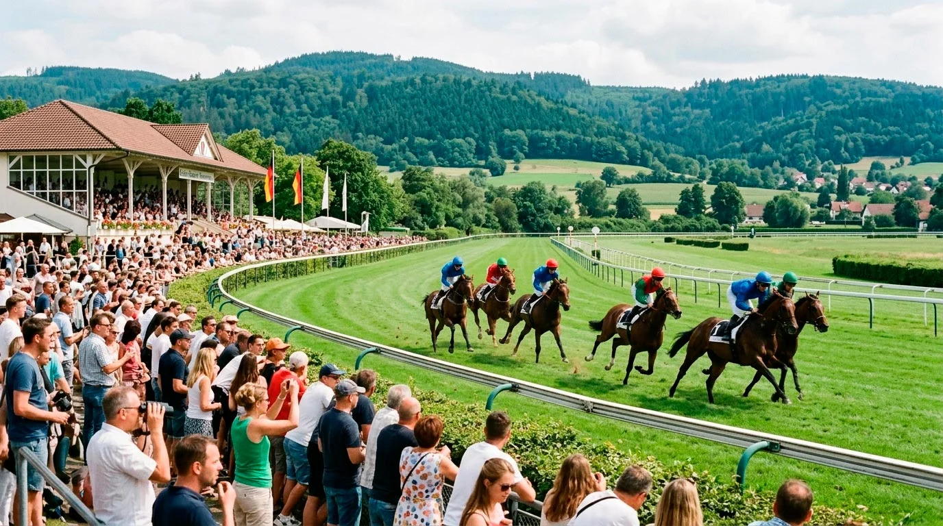 Rennbahn Iffezheim bei Baden-Baden während der Großen Woche mit Publikum und Rennfeld