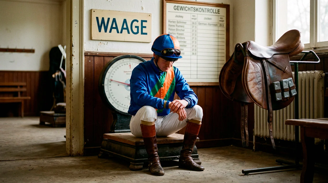 Jockey mit Sattelgewichten vor dem Wiegen als Symbol für Handicap-Rennen