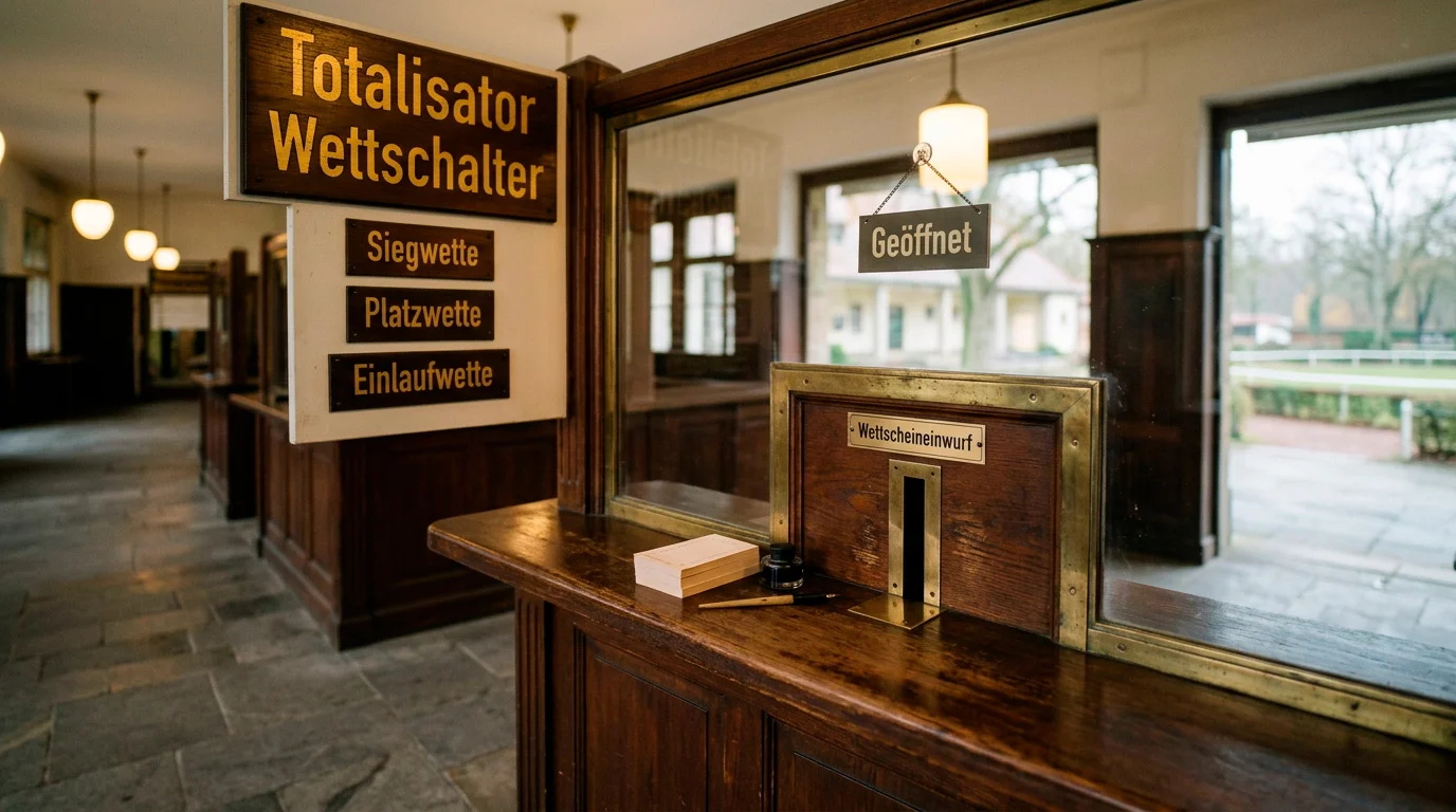 Wettschalter auf einer Rennbahn als Einstiegspunkt für Pferdewetten-Anfänger