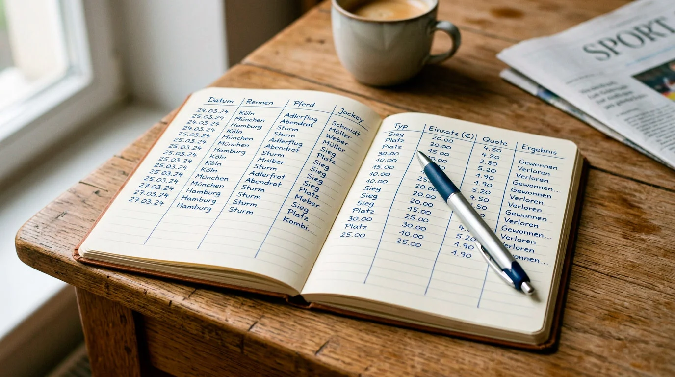 Notizbuch mit Wettaufzeichnungen und Stift als Symbol für strukturiertes Bankroll Management