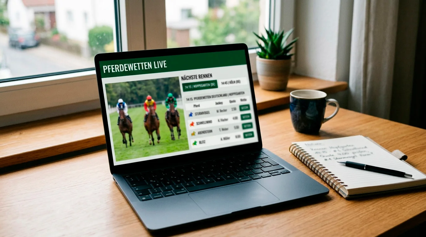 Laptop mit Pferdewetten-Plattform als Symbol für den Praxistest von Pferdewetten.de