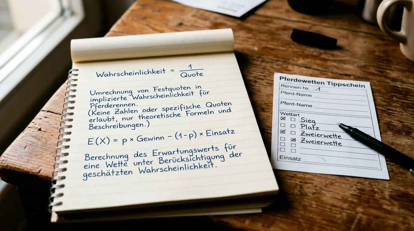 Notizblock mit handschriftlicher EV-Formel neben einem Wettschein auf einer Rennbahn