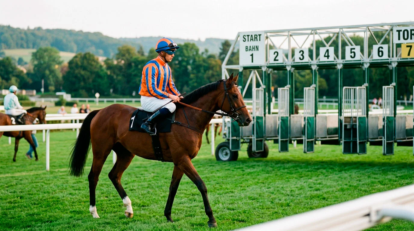 Jockey in buntem Silk auf einem Rennpferd als Symbol für die Personalanalyse bei Pferdewetten