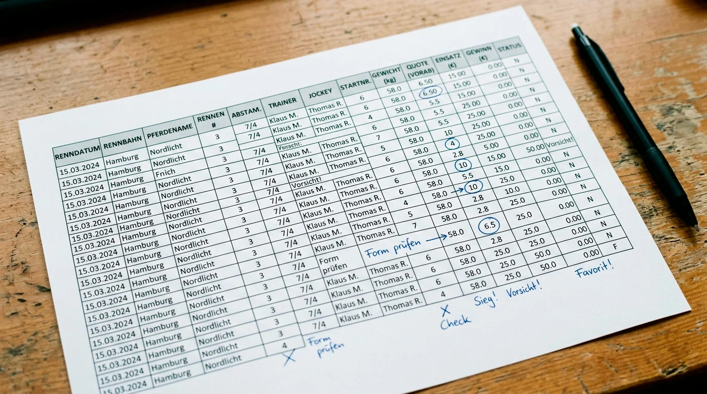 Tabelle mit Wettaufzeichnungen und ROI-Berechnung als Symbol für Erfolgsmessung bei Pferdewetten