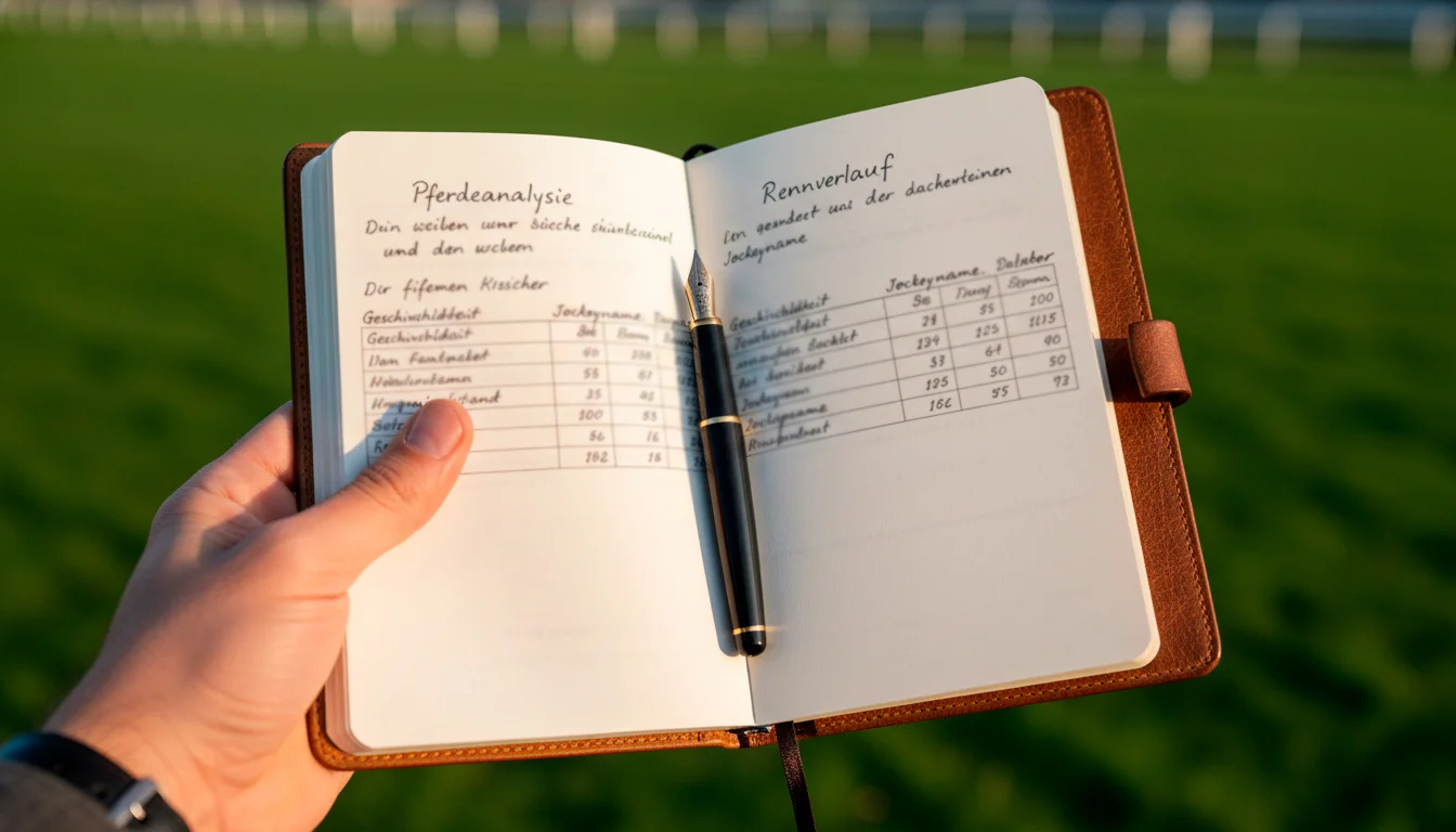 Pferdewetten Strategie - Notizbuch mit Wettanalyse neben einer Galoppbahn