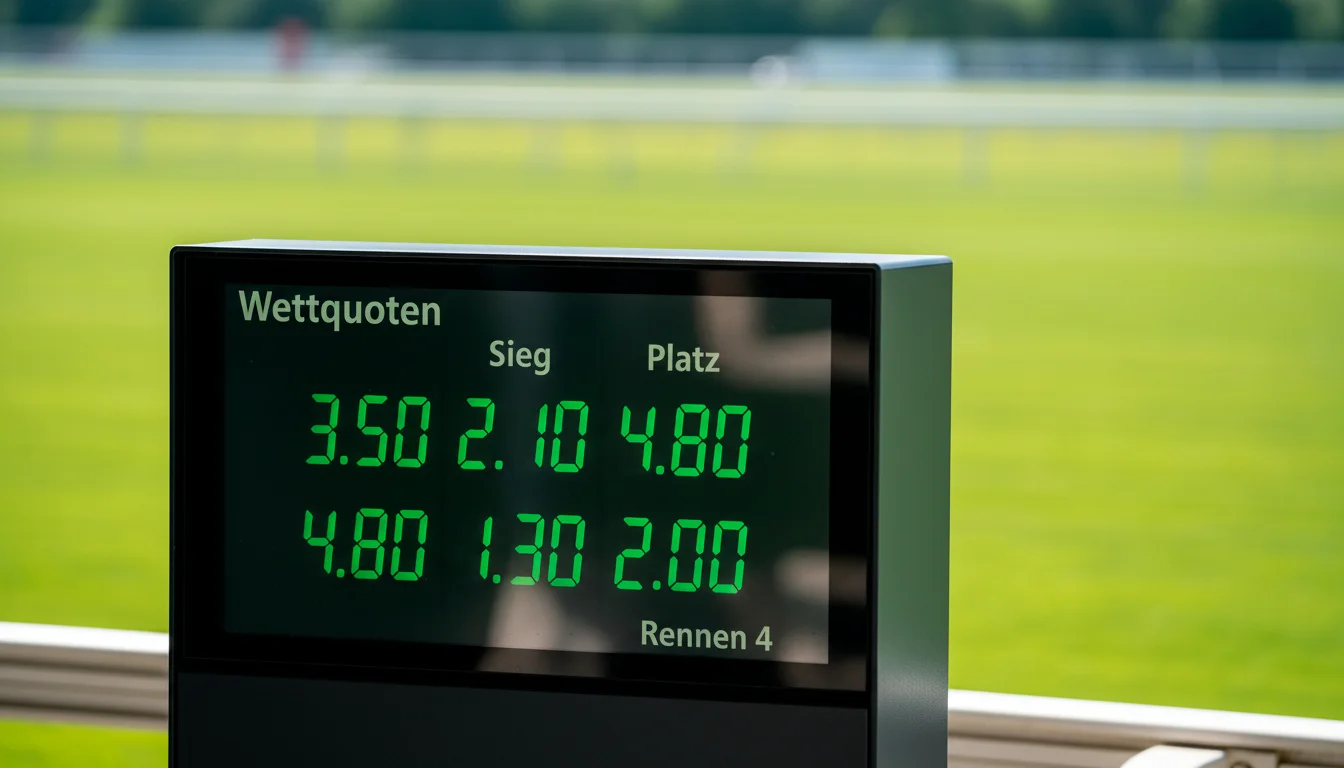 Totalisator-Anzeigetafel auf einer deutschen Galopprennbahn mit laufenden Quoten