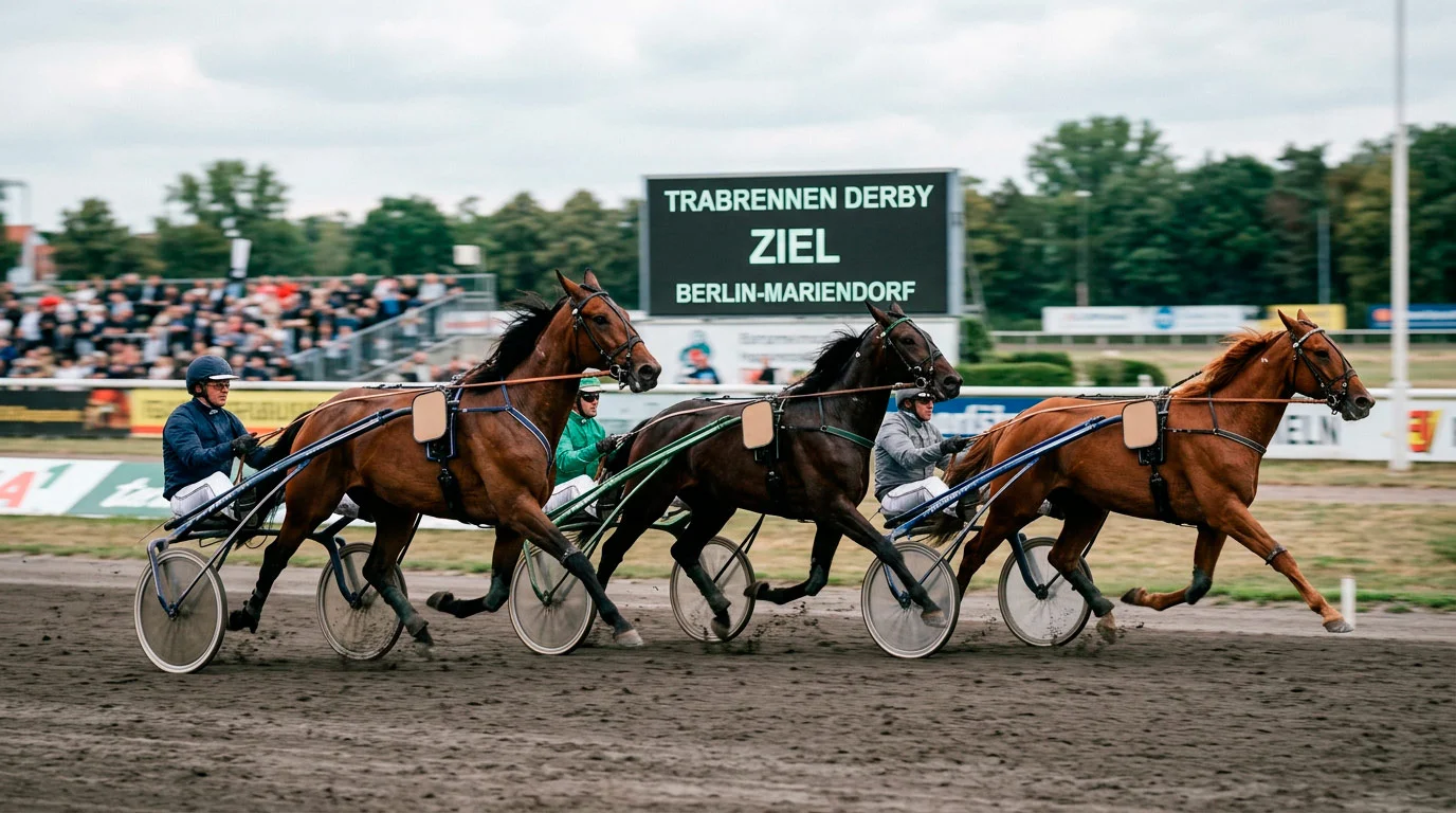 Trabrennen mit Sulky-Fahrern auf einer Trabrennbahn bei einem Rennen