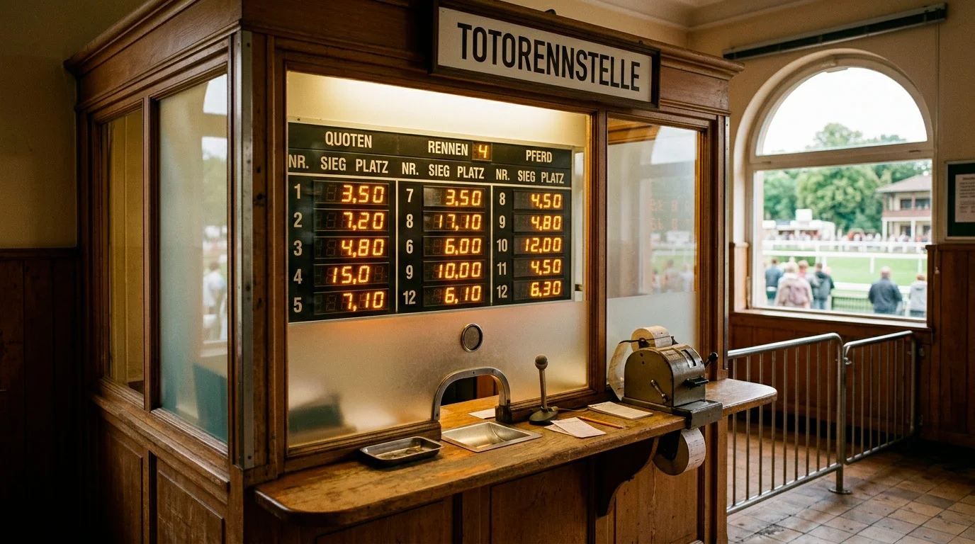 Totalisator-Schalter auf einer deutschen Rennbahn als Symbol für Wettstars Kerngeschäft
